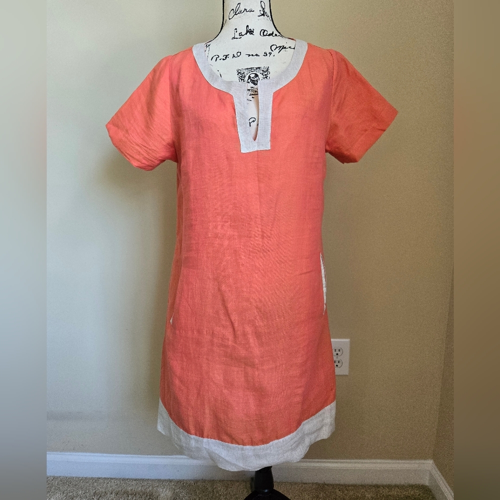 Umberto Carro Linen Dress Womens L Peach Short Sleeve Cadual Boho